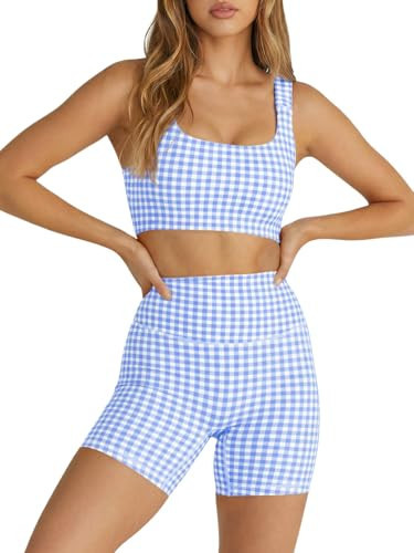 Aoysky Womens Workout Gingham 2 Piece Outfits Padded Open Back Crop Tank High Waist Sports Shorts Sets Casual Yoga Matching Sets | Amazon (US)
