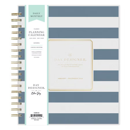 Blue Sky Day Designer 2026 Daily and Monthly Planner Calendar, January 2026 - December 2026, 8" x 10", Flexible Cover, Laminated Tabs, Includes Storage Pocket, Stickers, Rugby Stripe Navy | Walmart (US)