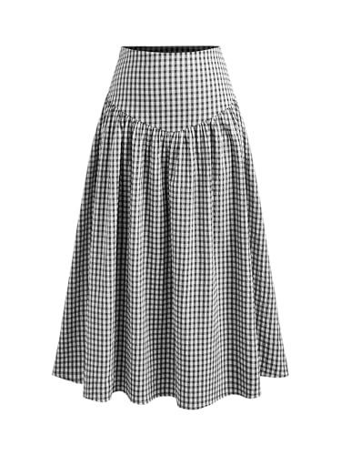 CIDER Gingham Long Skirts for Women Maxi Plaid Skirt A Line High Waist Summer Skirts Casual Trendy: Black, M | Amazon (US)