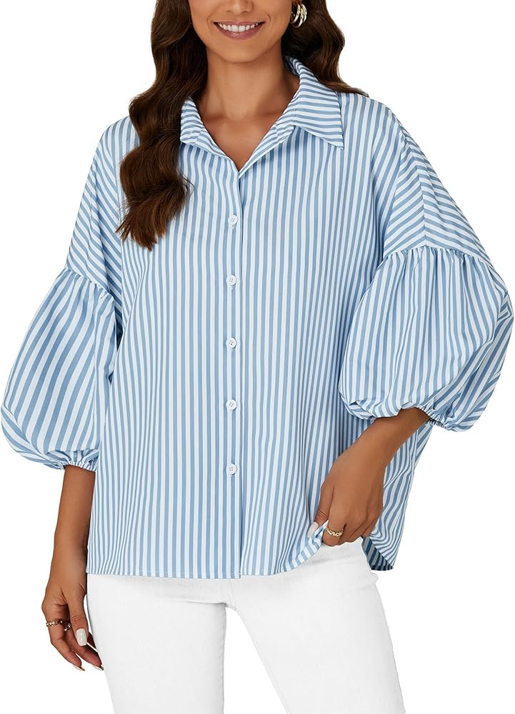 KIFOVEN Women’s Striped Button Down Shirt 3/4 Puff Sleeve Collared V Neck Loose Casual Dressy B... | Amazon (US)