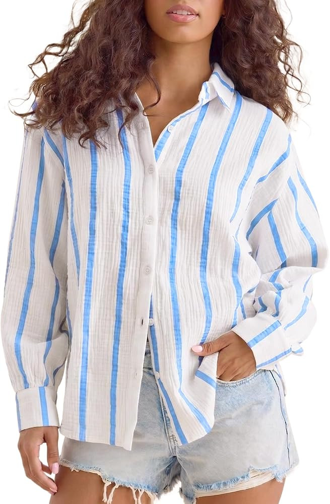 Striped Shirts Blouse for Women Boyfriend Gauze Shirt Oversized Summer Beach Top Long Sleeve Loos... | Amazon (US)