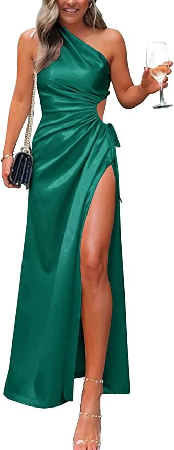 PRETTYGARDEN Women's 2023 Summer One Shoulder Satin Dress Cutout High Split Cocktail Wedding Gues... | Amazon (US)