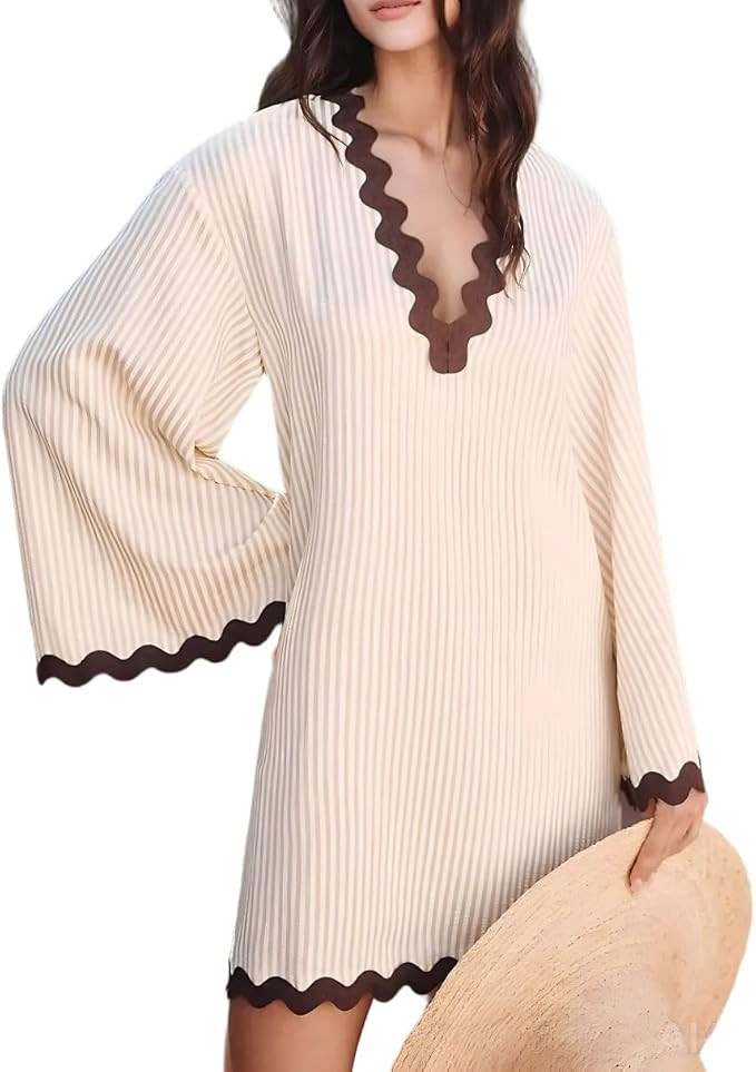VAOYIU Women's Boho Striped V-Neck Dress Flowy Bell Sleeves Cover Up with Wavy Trim Beach Resort ... | Amazon (US)