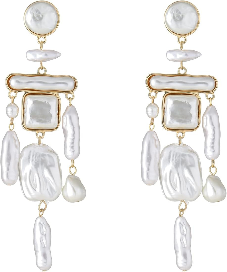 Statement Pearl Dangle Earring Luxury Chandelier Earring Gold and Pearl Earring Organic Style Ear... | Amazon (US)