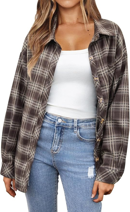 CHYRII Womens Oversized Flannel Shirts Button Down Long Sleeve Plaid Shirt Business Casual Blouse... | Amazon (US)