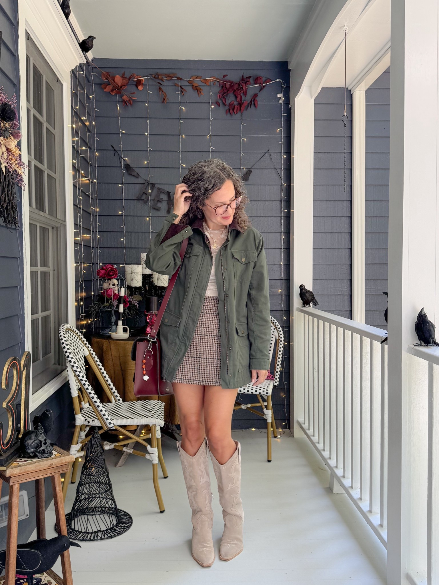 Barn coat with lace sheer top, plaid mini skirt and knee high boots 👢 

#LTKPetite #LTKSeasonal #LTKOver40