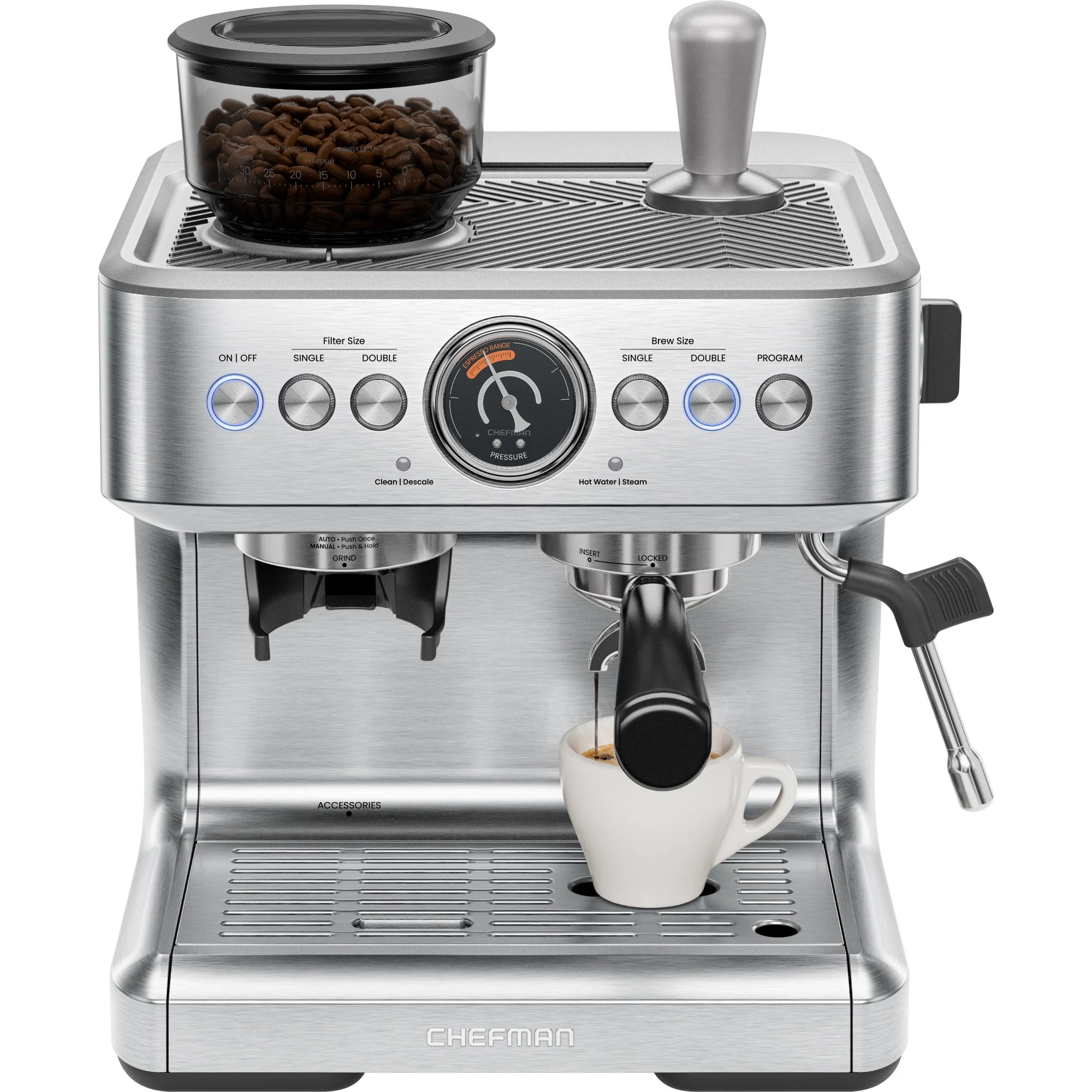Chefman Crema Supreme Espresso Machine with Conical Burr Grinder and Steam Wand – Stainless Ste... | Walmart (US)