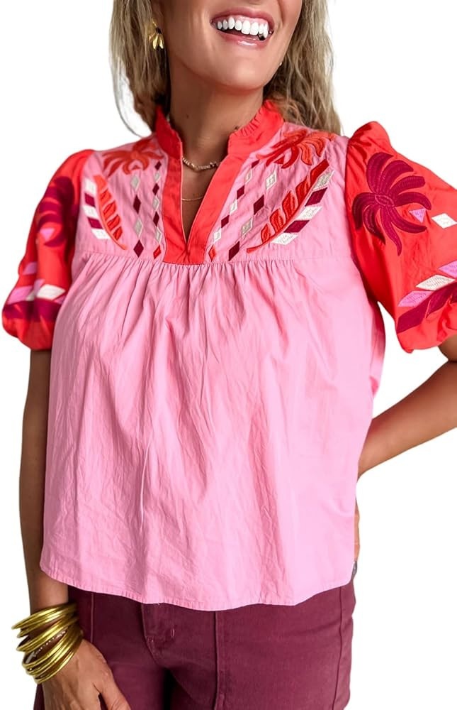 Wolddress Women's Short Sleeve Casual Top Pink Floral Embroidered Notch V Neck Puff Sleeve Babydo... | Amazon (US)