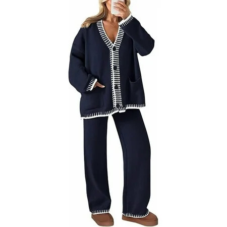 PRETTYGARDEN Women's 2 Piece Outfits Knit Matching Lounge Sets Long Sleeve V Neck Cardigan Sweaters Wide Leg Pants Tracksuits | Walmart (US)