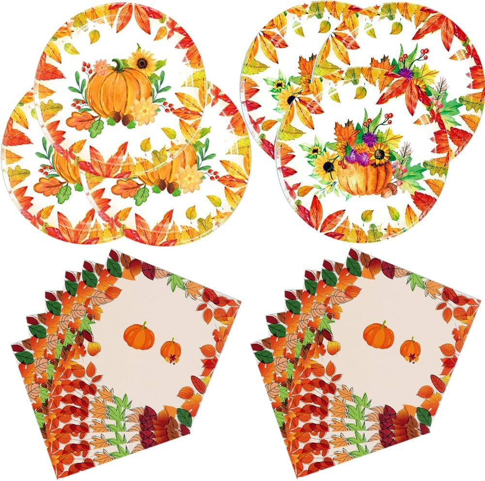 40pcs Thanksgiving Party Supplies ，Fall party Plates and Napkins , Autumn Leaves Tableware Deco... | Amazon (US)