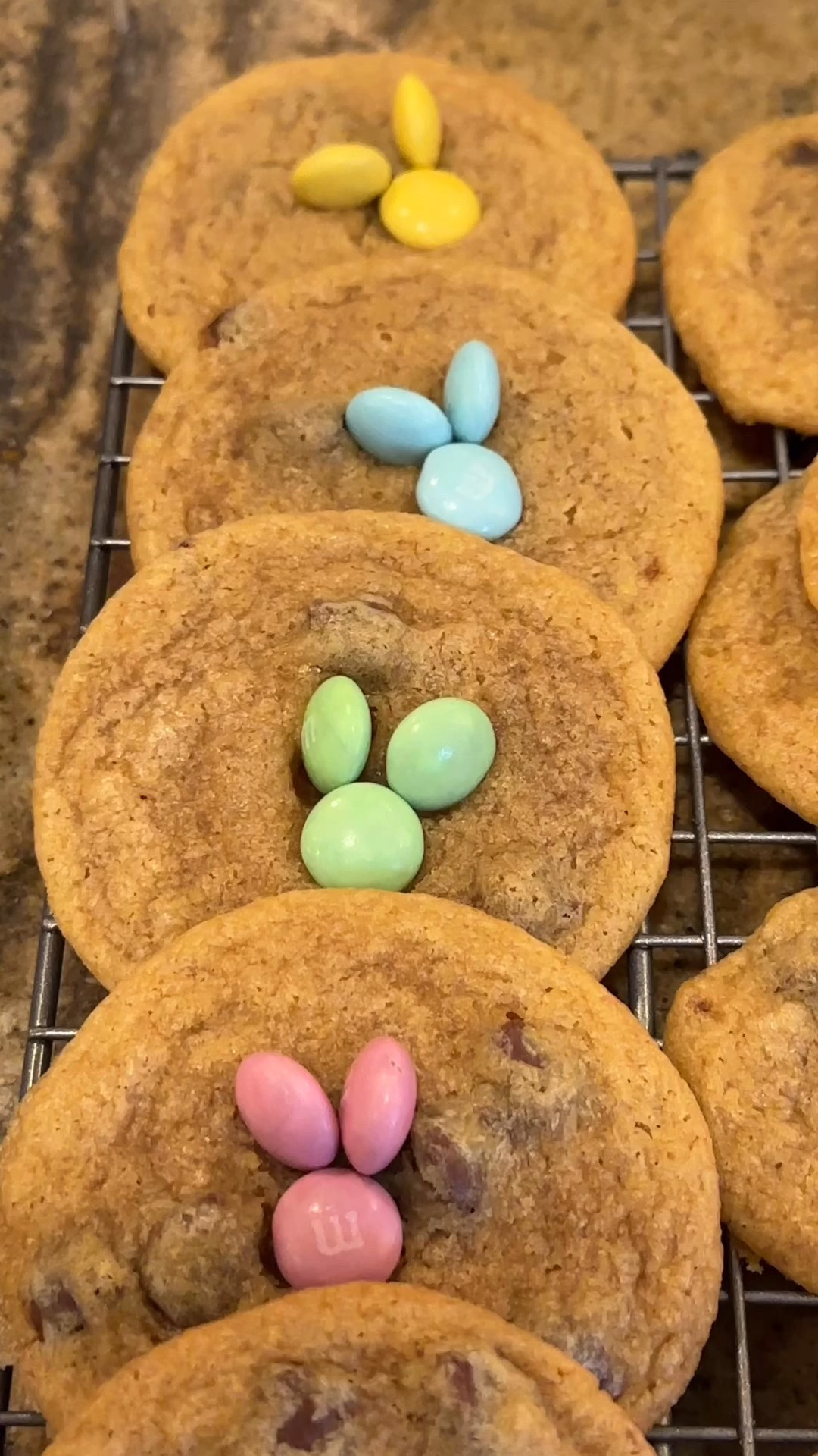 Bunny Cookies 

Here's what you'll need:
2 ¼ cups all-purpose flour
1 tsp baking soda
1 tsp salt
1 cup (2 sticks)  and 1 tbsp butter, softened
¾ cup granulated sugar
¾ packed, dark brown sugar
1 tsp vanilla extract
2 large eggs
2 cups Toll House semi-sweet chocolate morsels
1 package Pastel colored m&ms for the bunnies
 
Here's how you make them:
Preheat oven to 350°
Combine flour, baking soda and salt into a bowl.
In a mixer beat butter, sugar and brown sugar until pale and fluffy (about 7 minutes).
Add in vanilla and one egg at a time, beating well after each egg.
Slowly add in flour, until all combined.
Stir in chocolate chips
Use a cookie dough scoop to drop dough onto an ungreased and air bake cookie sheet.
Bake for 9-11 minutes, until just golden brown.
*While cooking - separate M&Ms by color, if you want each bunny one color. 
Straight from the oven, press the M&Ms into the cookie to create a face and ears as shown in the video. 
Let rest on cookie sheet for 3 minutes, then transfer to a cookie rack to cool.
Store in an air-tight container for up to 5 days.
 
Tips:
The cookie sheet makes a difference. Use an Air Bake sheet! I linked the one I use in my bio.
Cream the butter and sugar really well, I mean, turn the mixer on and walk away for 6 minutes. Trust me! 

#LTKFamily #LTKSeasonal #LTKKids
