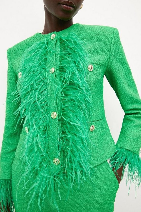 Boucle Feather Collarless Jacket | Karen Millen UK & IE