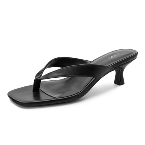 FITORY Women's Sexy Kitten Heel Flip Flops,Square Open Toe Low Heel Sandals, Slip on Comfortable Thong Heels for Causal Black Size 8 | Amazon (US)