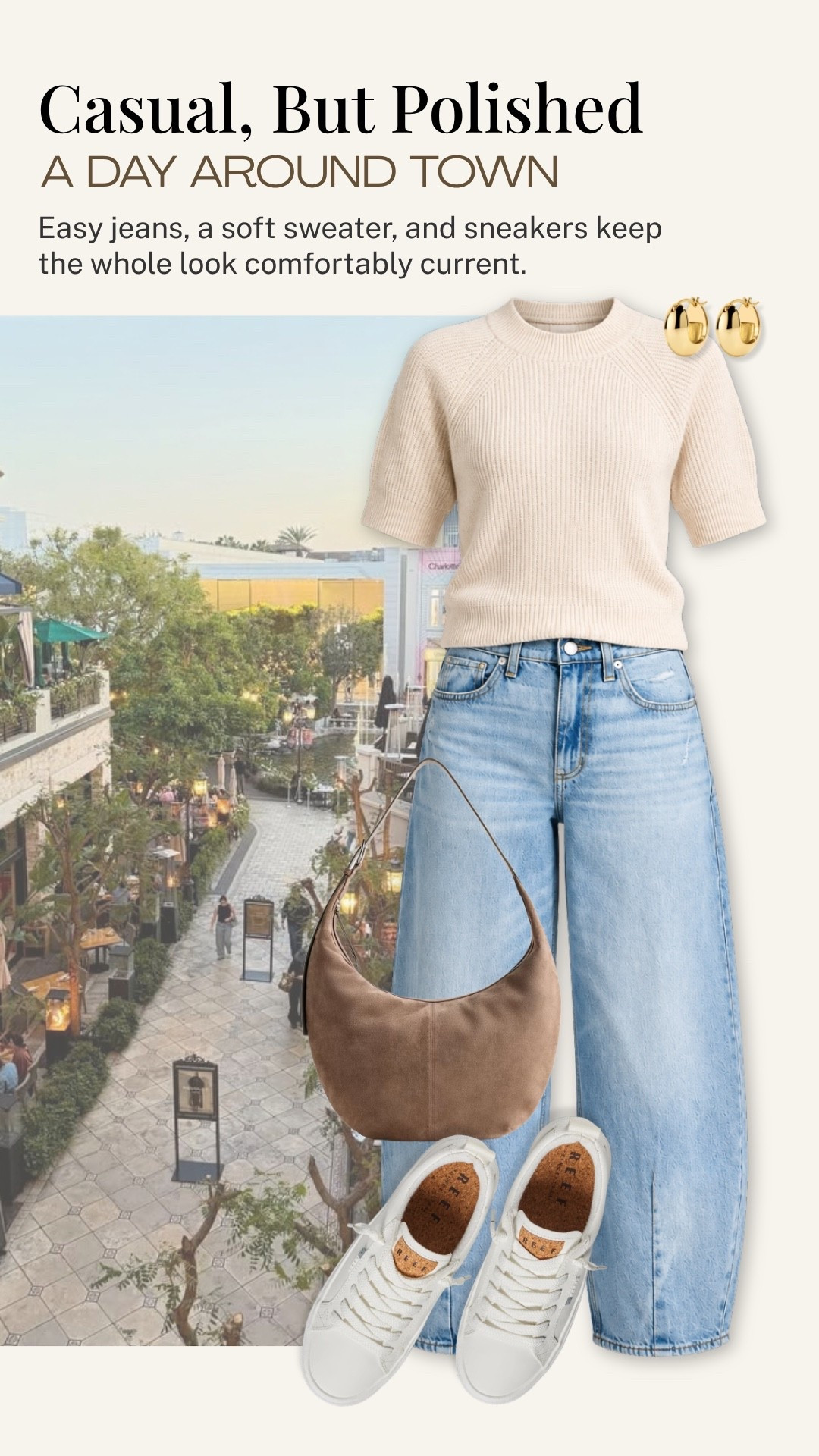 A soft cream knit sweater and light-wash jeans make this such an easy everyday outfit. Paired with white sneakers and a neutral shoulder bag, it’s a polished, comfortable combination for a day around town, from coffee to lunch and a little shopping.