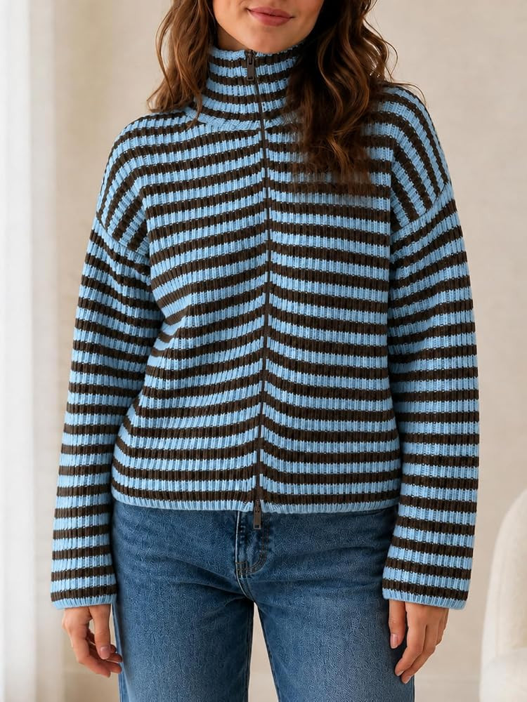 Saodimallsu Womens Striped Zip Up Sweaters Mock Neck 2026 Fall Trendy Casual Long Sleeve Loose Fi... | Amazon (US)