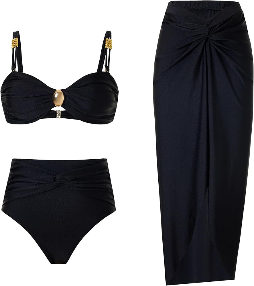 Women's One Piece Swimsuit with Cover up Set Beach Wrap Skirt Retro Bikini Set Two Piece Bathing ... | Amazon (US)