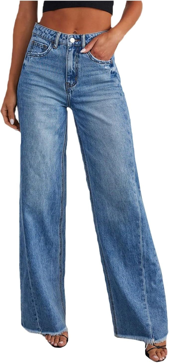 Blue High Rise Tummy Control Vintage Wash Jeans Women Wide Leg Jeans High Waisted Stretchy Trendy... | Amazon (US)