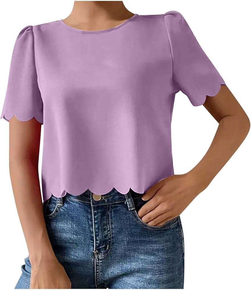 Mzkdieey Women's Scallop Trim Short Sleeve Tops Casual Keyhole Back Blouse Solid Color Loose Fit ... | Amazon (US)