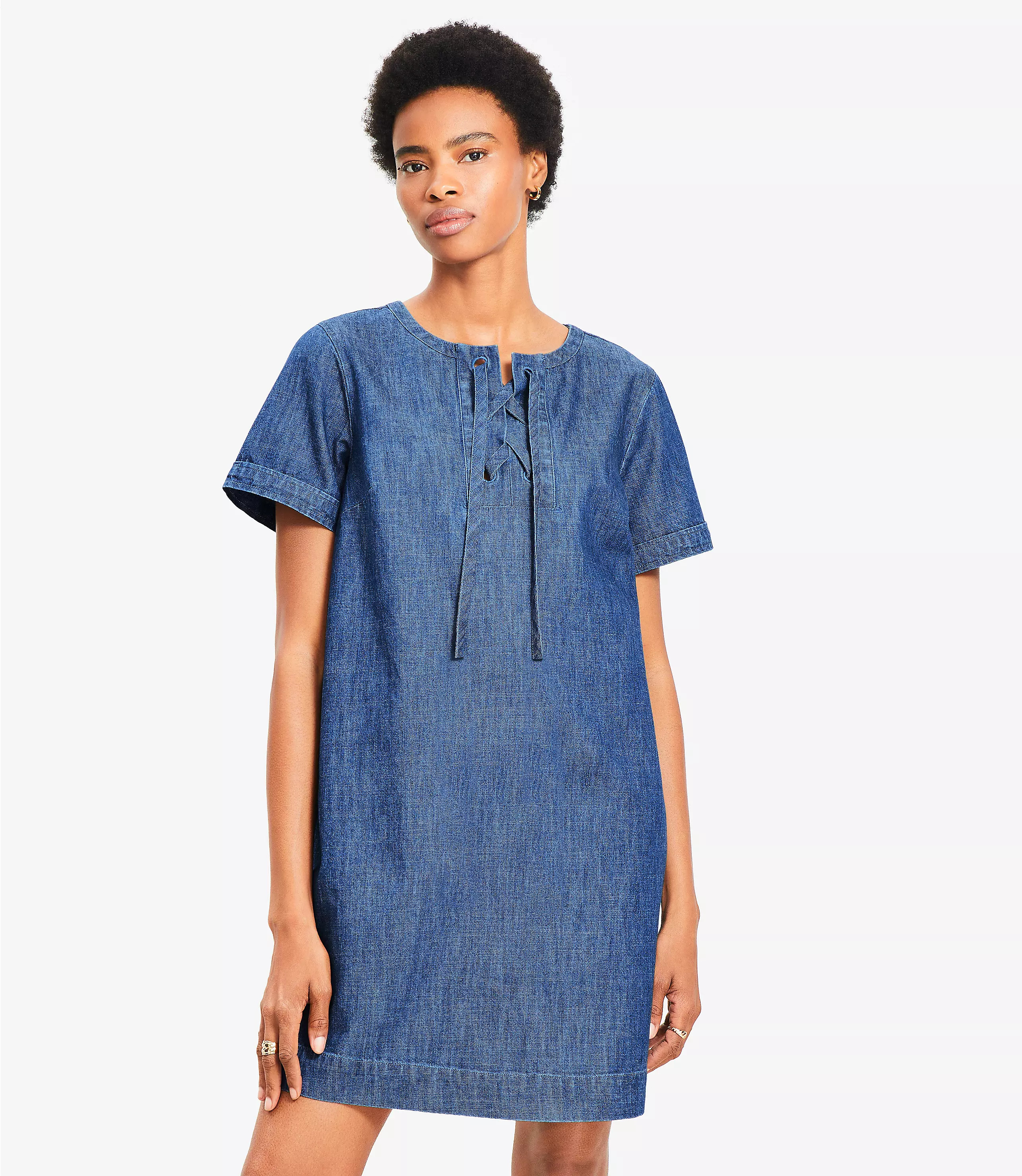 Petite Denim Lace Up Mini Dress | LOFT