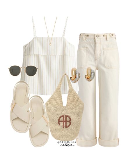 Stripe strappy top, wide leg cream jeans, Anine bing raffia tote bag, Ray ban sunglasses, criss cross flat slingback sandals & gold jewellery.
Summer outfit, neutral style, casual outfit, holiday outfit.

#LTKstyletip #LTKsummer #LTKbag