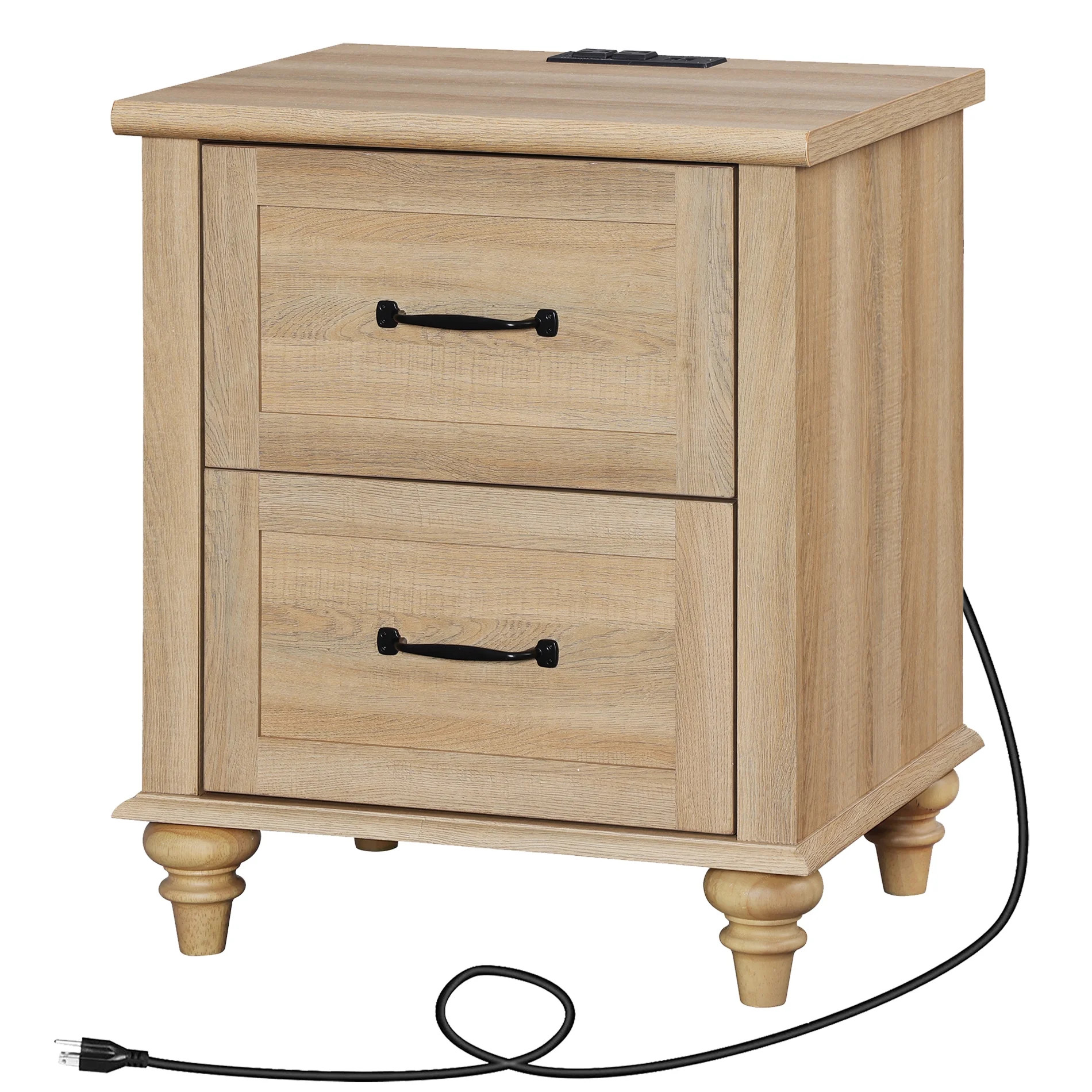 Nightstand with Charging Station, Farmhouse End Table with 2 Drawers & Wood Legs for Bedroom, Lig... | Walmart (US)