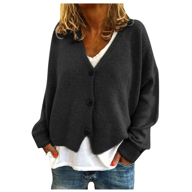 Jalioing Womens Solid Color Sweater Coat V-Neck Button Closure Long Sleeve Soft Baggy Comfy Crop ... | Walmart (US)