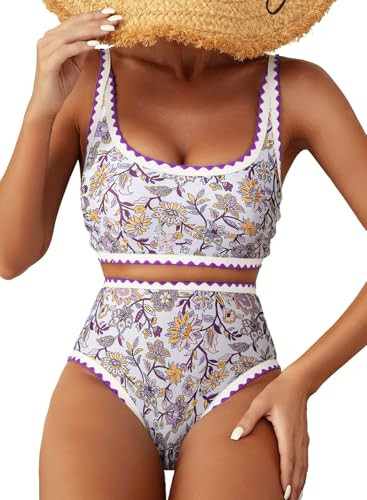 Amazon.com: Herseas Womens Bikini Sets Floral Print Whip Stitch 2 Piece Modest Swimsuits High Wai... | Amazon (US)