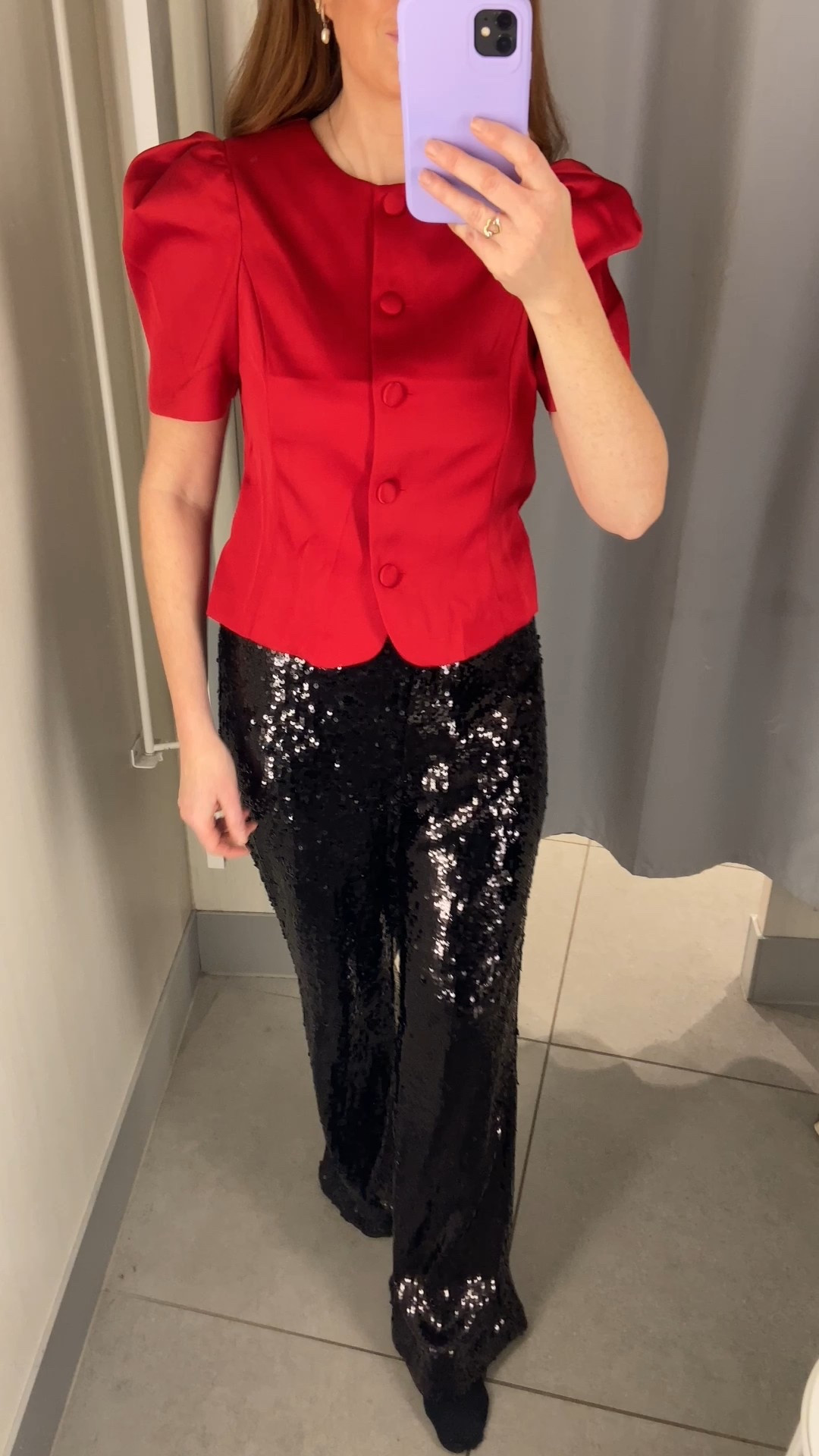 New in H&M party outfit ♥️ Absolutely loving this red satin puff-sleeve top styled with the black sequin wide-leg trousers. Such a stunning festive look for Christmas parties, holiday dinners or Christmas cocktails. I’m wearing a size small in the top and a UK 10 in the trousers, but I could have sized down. 💃🏻🪩 Christmas outfits, sequin trousers, party outfits, sequins, Christmas party outfits #LTKfestive



#LTKpartywear #LTKuk #LTKfestive