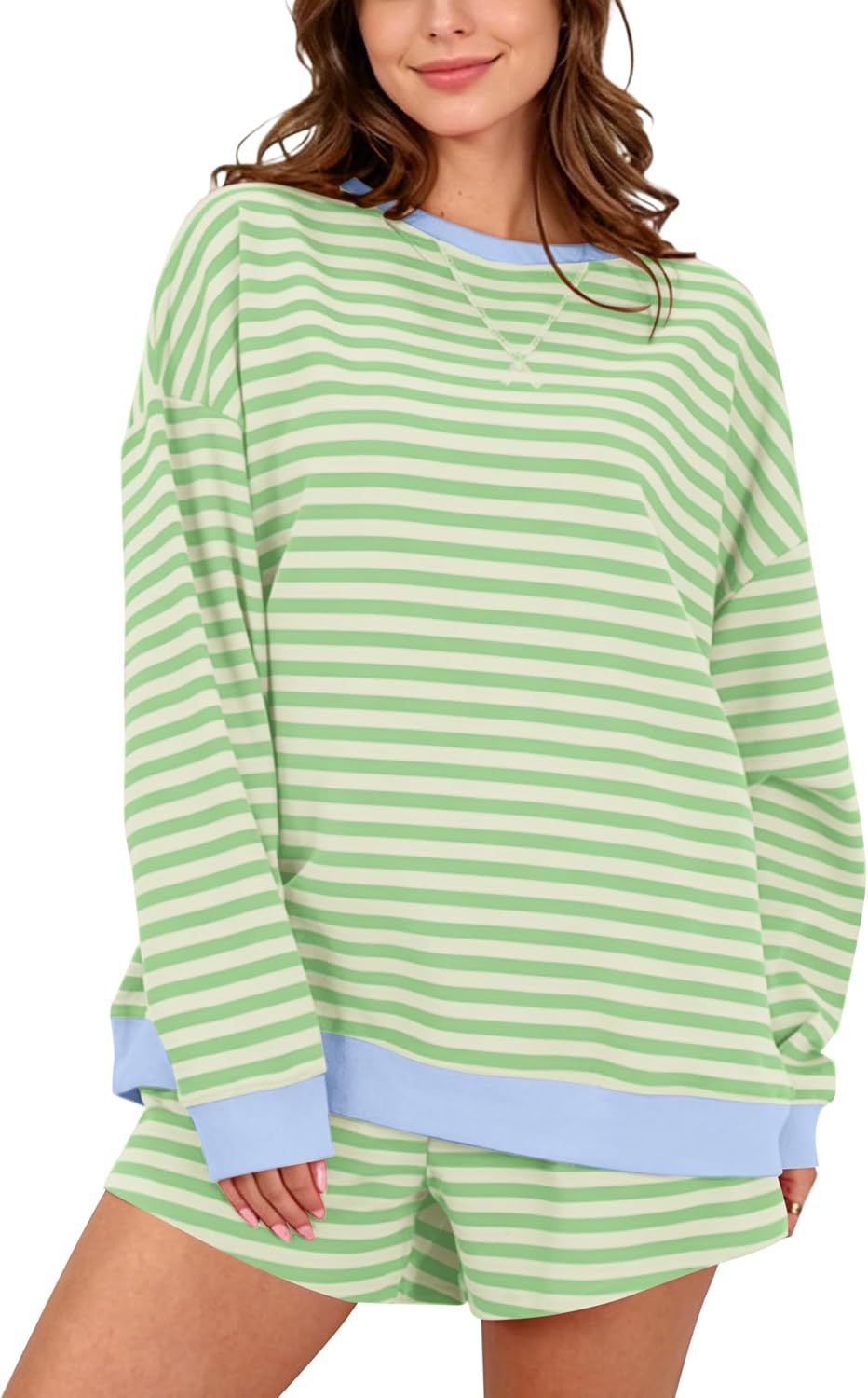MISSACTIVER Womens 2 Piece Striped Oversized Lounge Sets Long Sleeve Crew Neck T Shirt Shorts Matching Pajamas Set | Amazon (US)