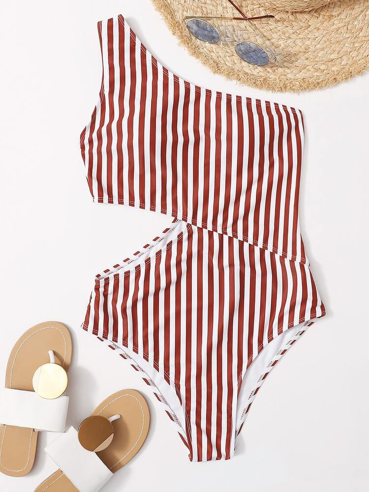 Striped One Shoulder One Piece Swimsuit | SHEIN