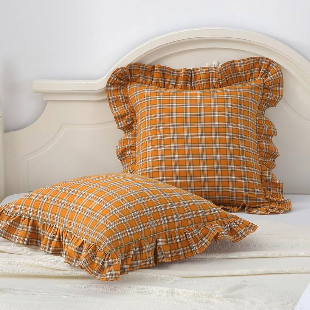 Burnt Orange Tartan Plaid Throw Pillow Cover Farmhouse Ruffle Pillow Shams Set of 2,Washed Cotton... | Amazon (US)