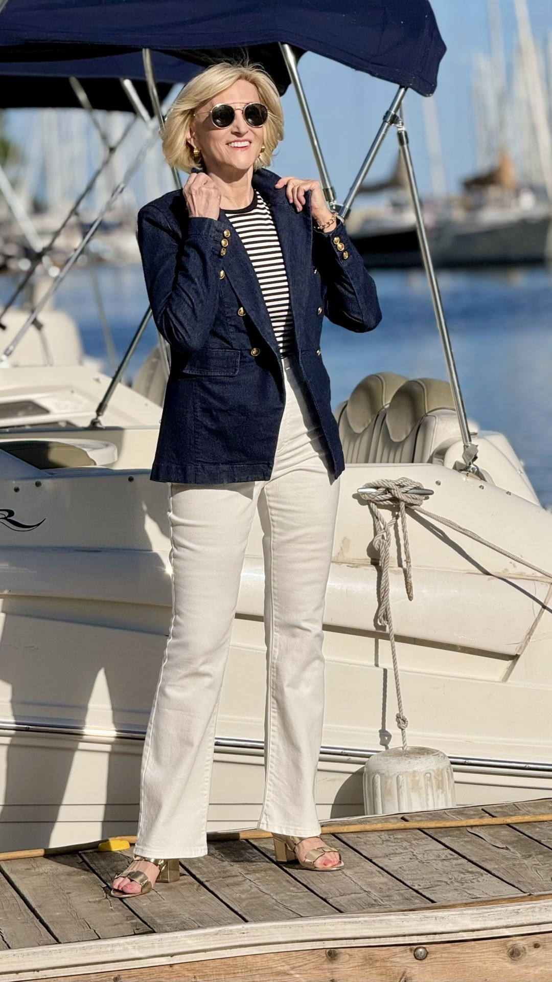 Classic pieces with a little modern twist ✨ This Macy’s look is all about effortless style — a timeless striped tee paired with a denim blazer, crisp white flared jeans, and gold block heels for that perfect touch of polish. I love an outfit that feels comfortable, chic, and ready for anything 🤍

#LTKSeasonal #LTKOver40 #LTKootd