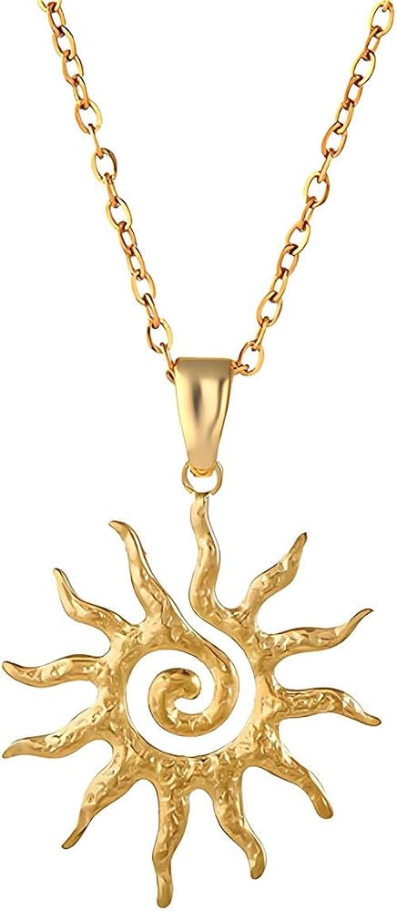 Dreuyet Sun Pendant Necklace for Women 18K Gold Plated Swirl Hammered | Amazon (US)
