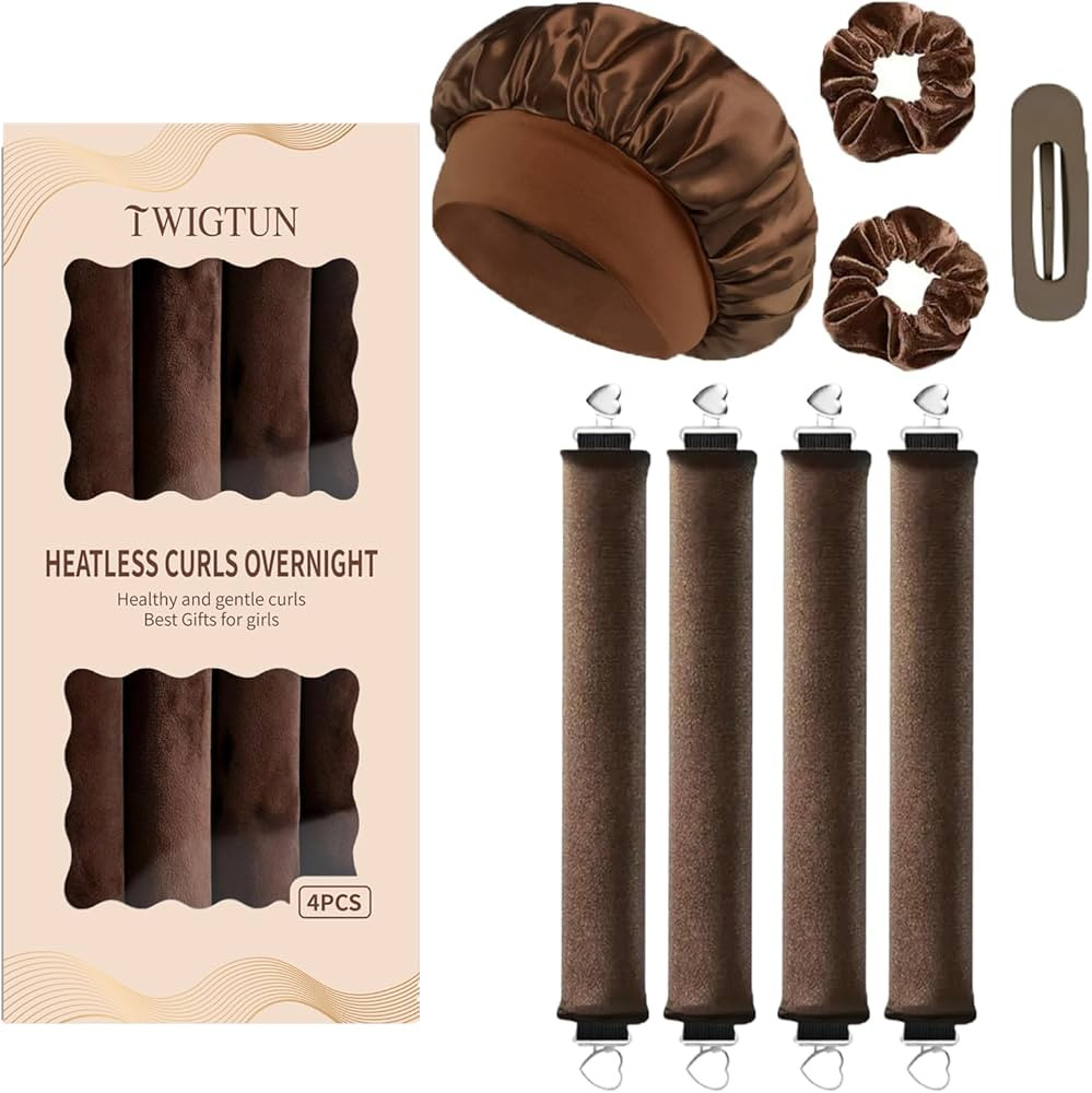Heatless Curls Overnight Hair Curlers - 4 Pcs No-Heat Curling Rod to Sleep In and Shower Cap,Velv... | Amazon (US)