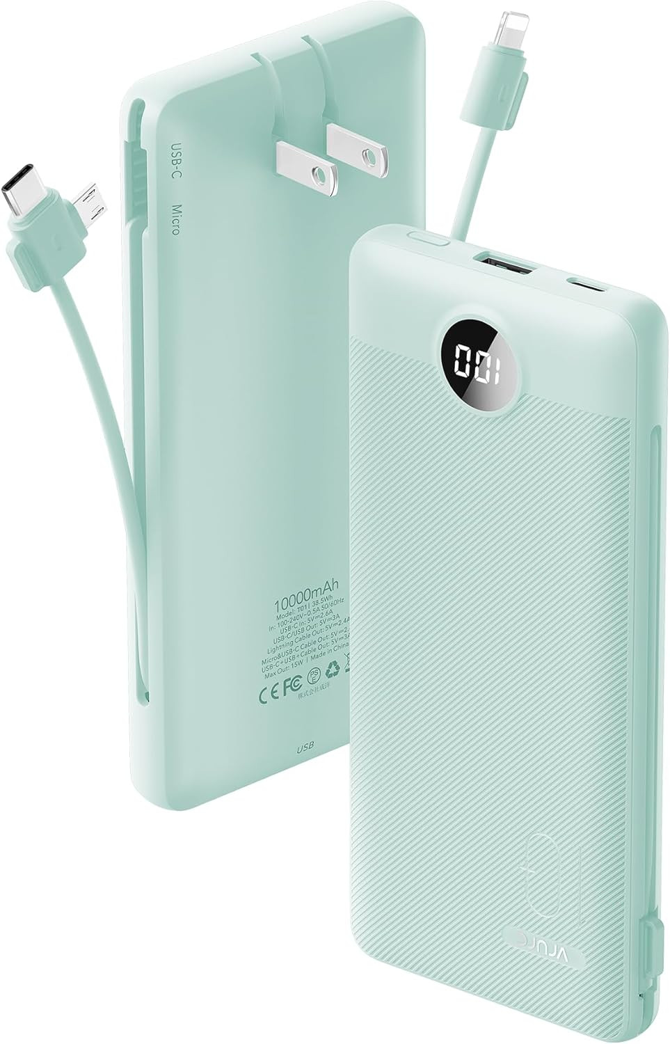 VRURC Portable Charger Built-in Cables and AC Wall Plug, USB C Power Bank 10000mAh, Travel Batter... | Amazon (US)