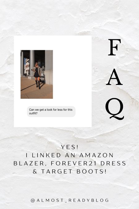 Look for less 🖤
Amazon blazer, Forever21 dress and Target boots! 

#LTKfindsunder50 #LTKfindsunder100 #LTKstyletip