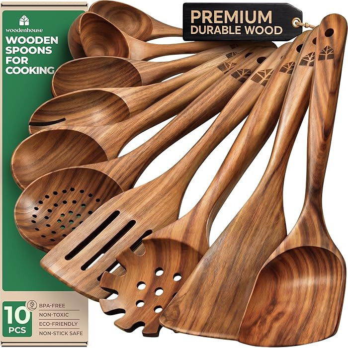Wooden Spoons for Cooking \u2013 10 Pcs Teak Wood Utensil Set, Durable, Nonstick Safe & Heat Resi... | Amazon (US)