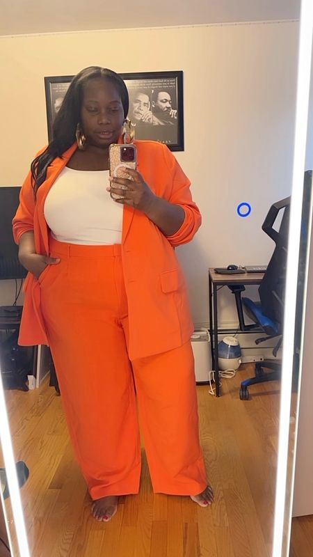Found an affordable plus size spring suit in orange. It’s a nice relaxed oversized blazer and high waisted trouser pants 

#LTKplussize #LTKmidsize #LTKSpringSale