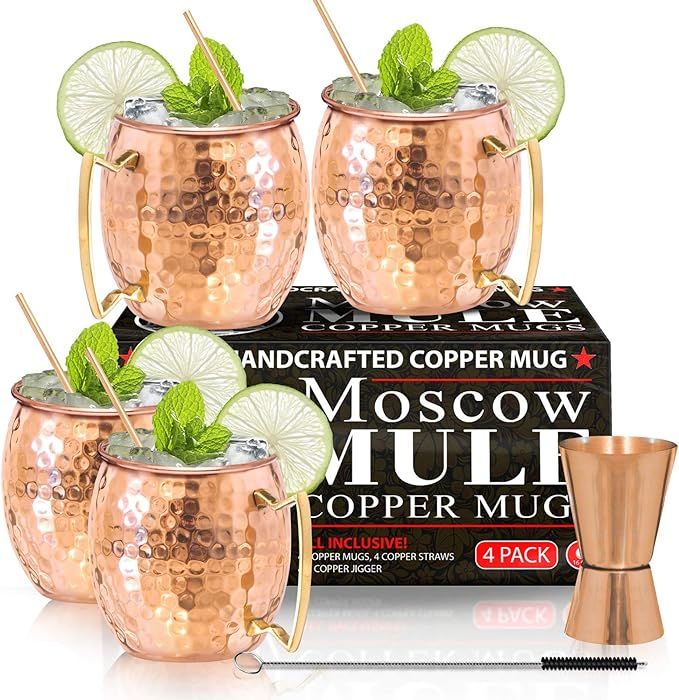 Moscow Mule Copper Mugs - Set of 4 - 100% HANDCRAFTED - Food Safe Pure Solid Copper Mugs - 16 oz ... | Amazon (US)