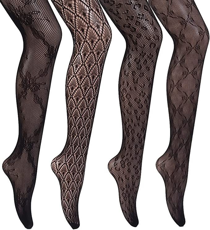 Charmdays Patterned Tights for Women Black Fishnet Stockings Lace Design Pantyhose 4 Pack | Amazon (US)