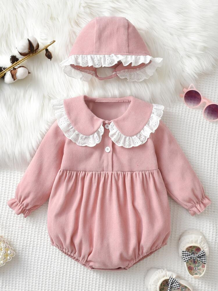 Baby Eyelet Embroidery Trim Flounce Cuff Corduroy Bodysuit & Hat | SHEIN