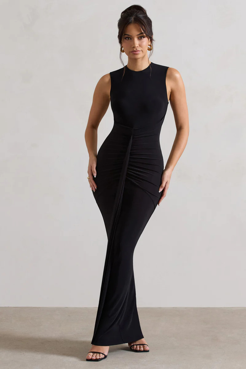 Alexa | Black High-Neck Gathered Maxi Dress With Drape | Club L London