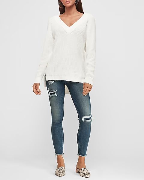 oversized shaker knit deep v-neck tunic sweater | Express