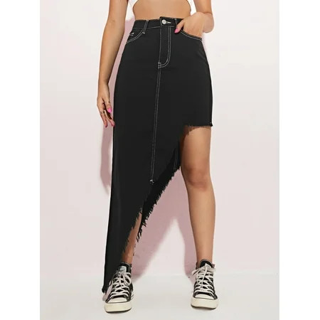 Women s Raw Trim Asymmetrical Hem Denim Skirt 82912W15881 | Walmart (US)
