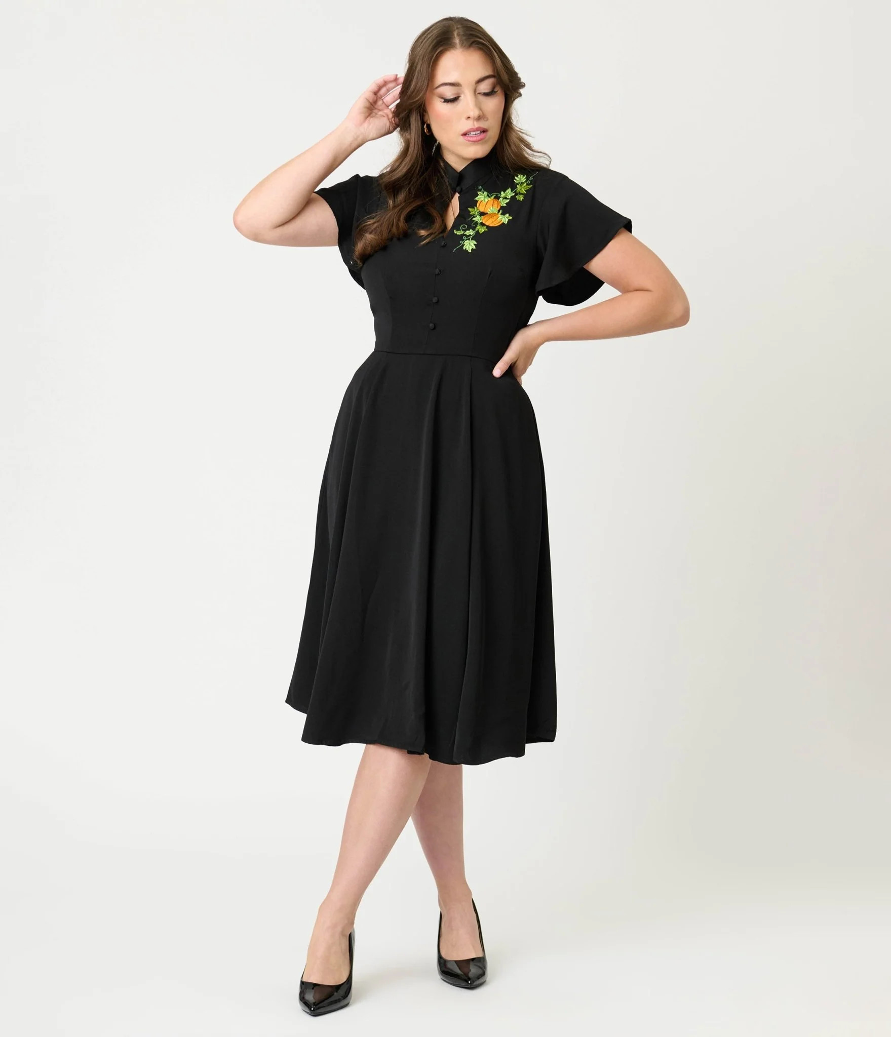 Unique Vintage Black & Pumpkin Baltimore Swing Dress | UniqueVintage