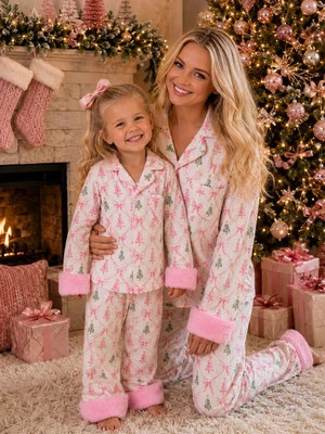 Mommy and Me Merry and Bright Pink Christmas Tree Pajama Set Pink / 4T | Mia Belle Girls