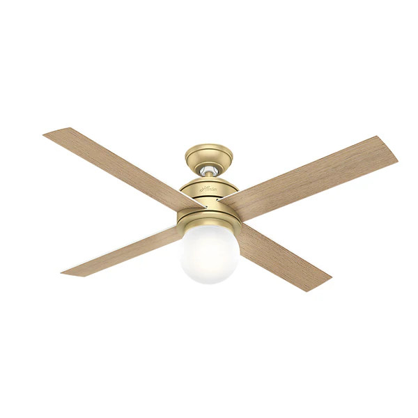 Hunter Fan Hepburn Brass 52-inch Ceiling Fan with 4 White Grain/Aged Oak Reversible Blades | Bed Bath & Beyond