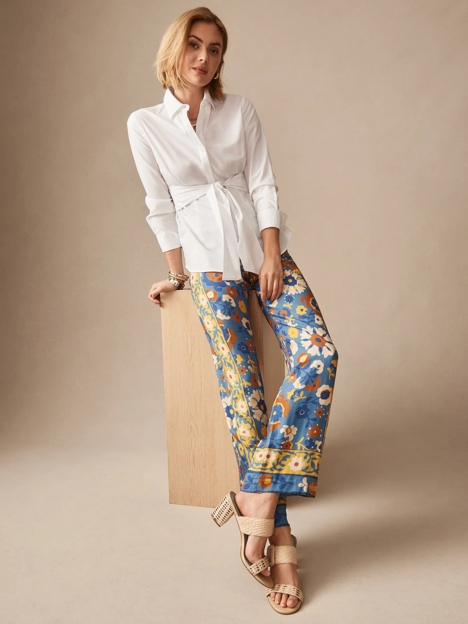 Blue/Yellow/Brown Floral Daydream Edge Carter Pants | Women's Pants | J.McLaughlin | J.McLaughlin