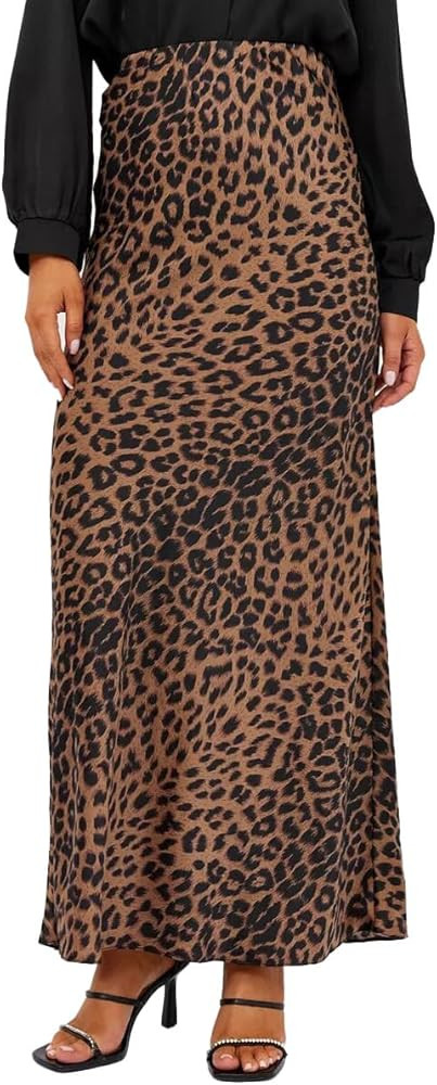 Women's Slik Satin Leopard High Waist Wrap Elastic Waisted Maxi Long Skirt | Amazon (US)