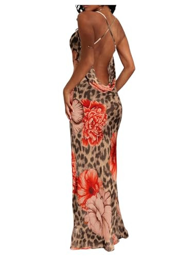 GORGLITTER Women's Floral Leopard Cheetah Bodycon Maxi Dress Backless Draped Criss Cross Cami Dresses Brown Multicolor Large | Amazon (US)